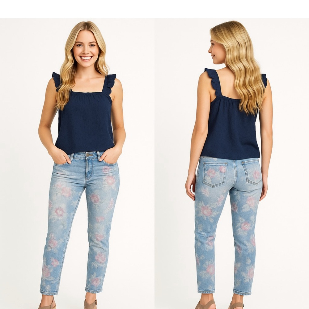 Grane Blue Floral Straight Leg Jeans